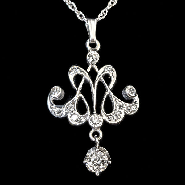 Old European Cut Diamonds 14k White Gold Lavalier Necklace Vintage Antique