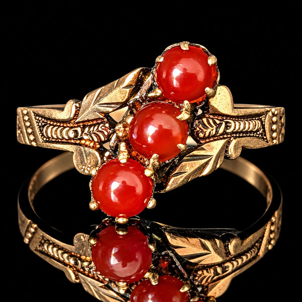 c.1800s Antique Carnelian 10k Yellow Gold Ring Victorian Repousse Scroll