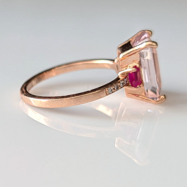 Vintage Pink Morganite Ruby Diamonds 14k Rose Gold Cocktail Ring Estate Gift