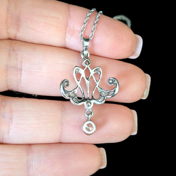 Old European Cut Diamonds 14k White Gold Lavalier Necklace Vintage Antique
