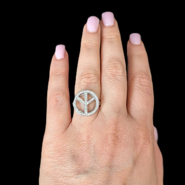 Vintage Peace Sign Ring Diamonds 14k White Gold Estate Retro Cocktail Gift