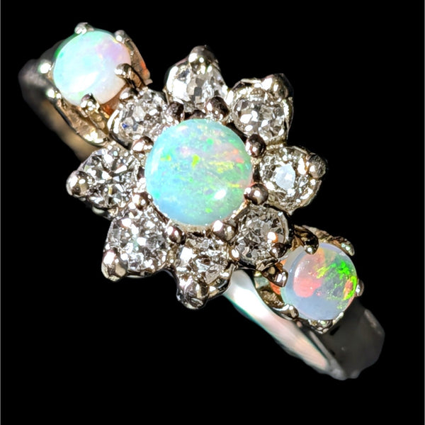 Vintage Opal Old European & RB Cut Diamonds 14k Yellow Gold Ring Estate Retro