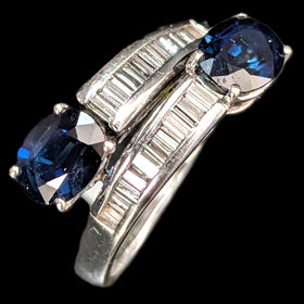 Vintage Sapphires Baguette Diamonds 18k White Gold Ring Bypass Estate Gift right side view