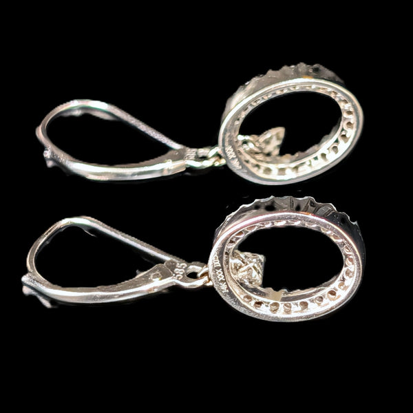 Estate Floating Natural Diamond Oval Dangle 14k White Gold Earrings Leverback from back