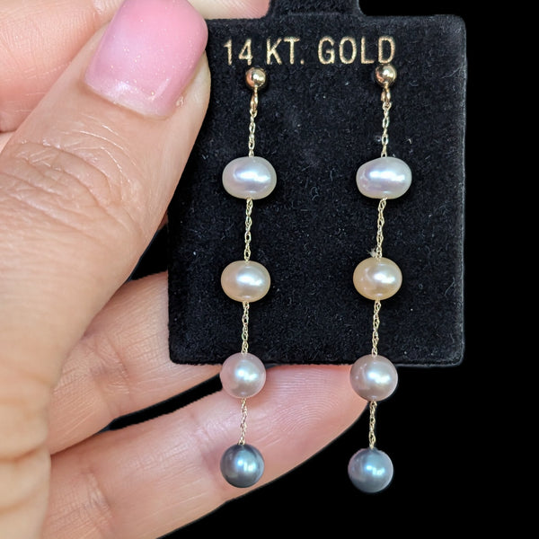 EFFY 14k NWT Yellow Gold Multi Color Freshwater Pearls Drop Earrings 2.1 in Long