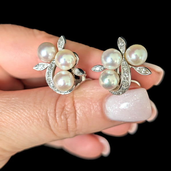 1950s Vintage Diamonds Pearls 14k & 10k White Gold Earrings Retro Clips Estate