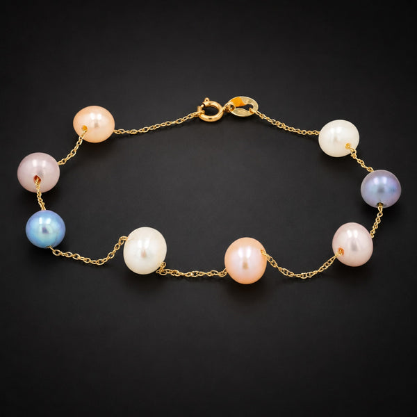 EFFY 14k Yellow Gold Multi Color Cultured Pearl Station Bracelet New Old Stock