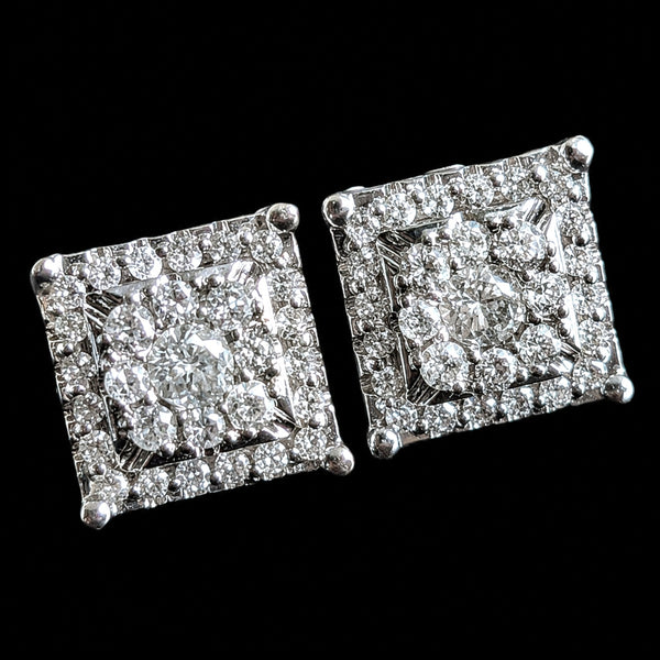 Vintage Natural Diamond Cluster 14k White Gold Stud square Earrings Halo Gift
