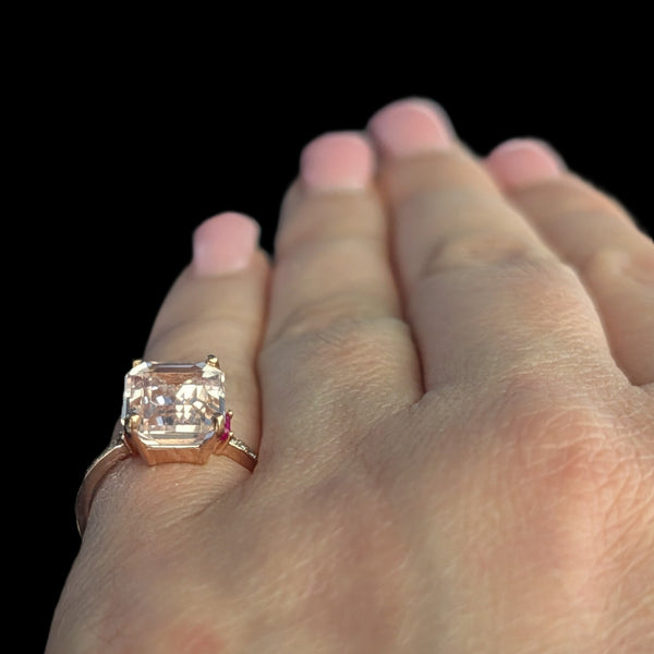 Vintage Pink Morganite Ruby Diamonds 14k Rose Gold Cocktail Ring Estate Gift