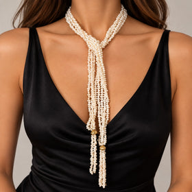 Vintage 43" 14k Yellow Gold Pearl Scarf Tassel Necklace Multi Strand Lariat
