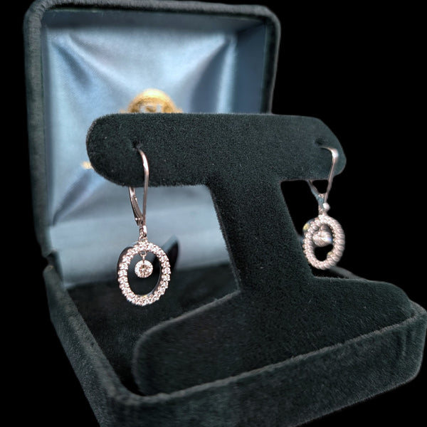 Estate Floating Natural Diamond Oval Dangle 14k White Gold Earrings Leverback in box