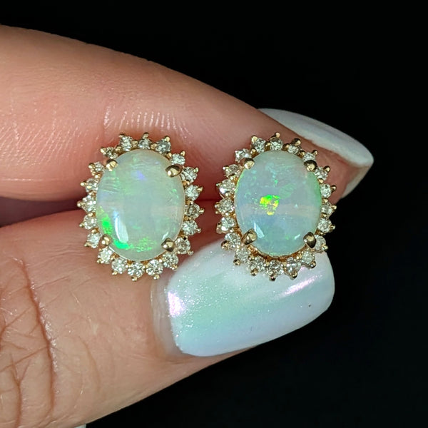 Miltown - Vintage Opal Diamonds 14k Yellow Gold Halo Earrings Posts Estate Jewelry Gift