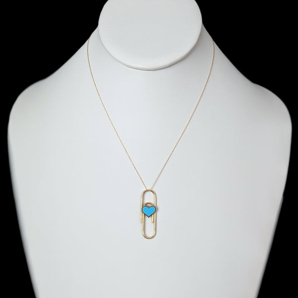 14k Gold FUNCTIONING PAPER CLIP Office Blue Heart Inlay or Wear as Pendant Novelty