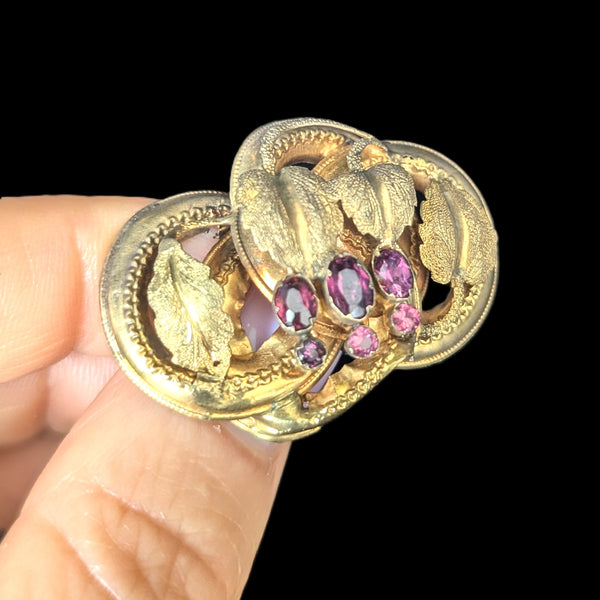 1800s Antique Old Cut Garnets 14k Yellow Gold Brooch Pin Grape Leaf Victorian