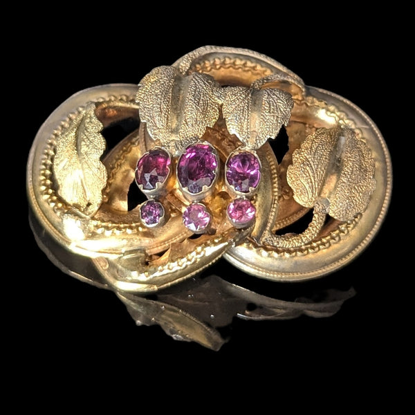 1800s Antique Old Cut Garnets 14k Yellow Gold Brooch Pin Grape Leaf Victorian