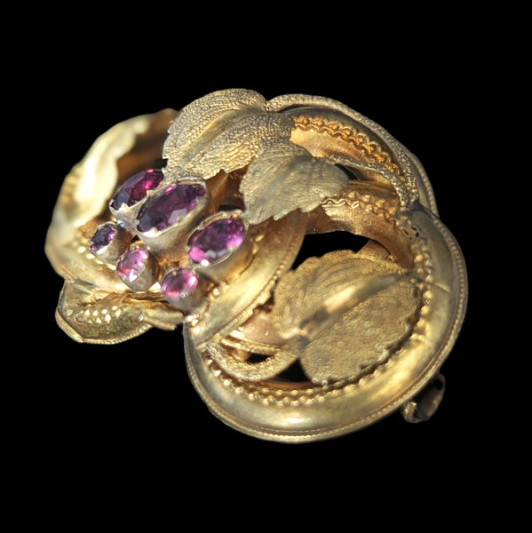 1800s Antique Old Cut Garnets 14k Yellow Gold Brooch Pin Grape Leaf Victorian