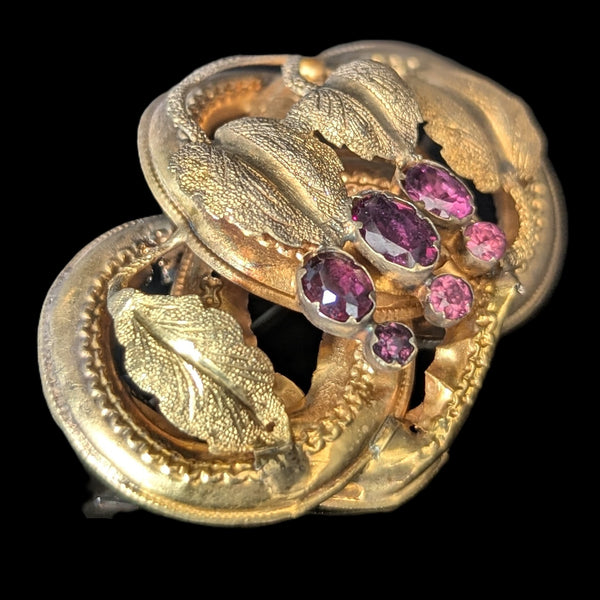 1800s Antique Old Cut Garnets 14k Yellow Gold Brooch Pin Grape Leaf Victorian
