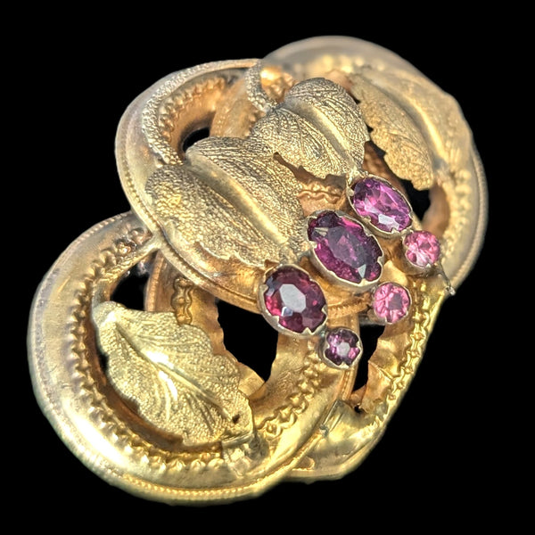 1800s Antique Old Cut Garnets 14k Yellow Gold Brooch Pin Grape Leaf Victorian