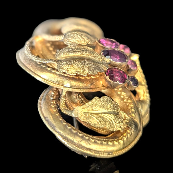 1800s Antique Old Cut Garnets 14k Yellow Gold Brooch Pin Grape Leaf Victorian