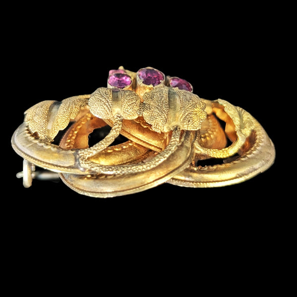 1800s Antique Old Cut Garnets 14k Yellow Gold Brooch Pin Grape Leaf Victorian