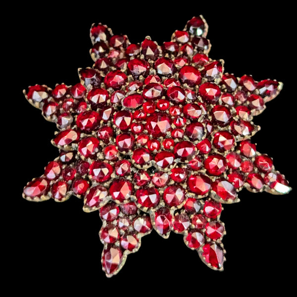 1800s Victorian Bohemian Garnets Brooch Pin Star Starburst Antique Estate 1.75" 