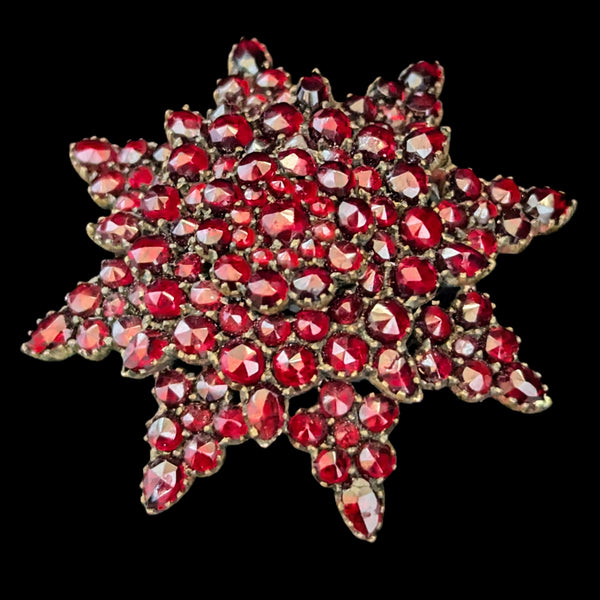 1800s Victorian Bohemian Garnets Brooch Pin Star Starburst Antique Estate 1.75" 