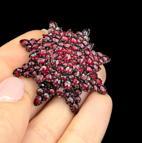1800s Victorian Bohemian Garnets Brooch Pin Star Starburst Antique Estate 1.75" 