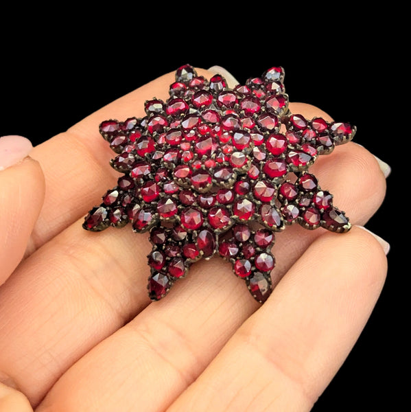 1800s Victorian Bohemian Garnets Brooch Pin Star Starburst Antique Estate 1.75" 