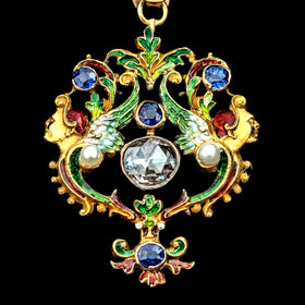 1890s Art Nouveau Rose Cut Foil Back Diamond Old Cut Sapphires Pearls Enamel Gold Pendant