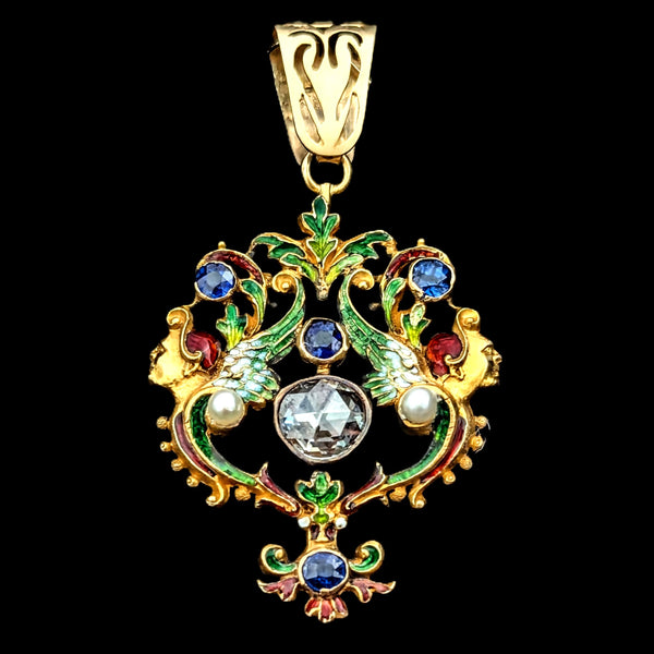 1890s Art Nouveau Rose Cut Foil Back Diamond Old Cut Sapphires Pearls Enamel Gold Pendant