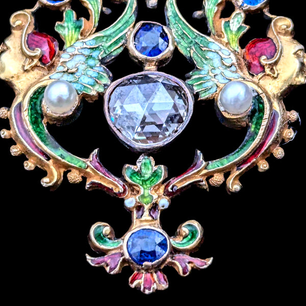 1890s Art Nouveau Rose Cut Foil Back Diamond Old Cut Sapphires Pearls Enamel Gold Pendant