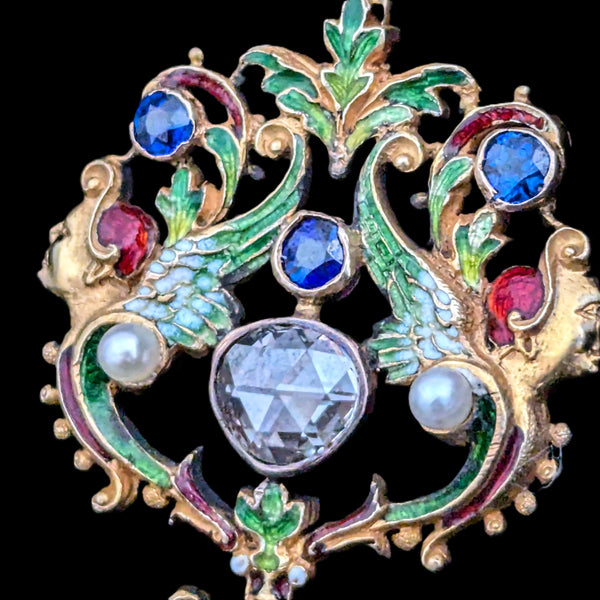 1890s Art Nouveau Rose Cut Foil Back Diamond Old Cut Sapphires Pearls Enamel Gold Pendant