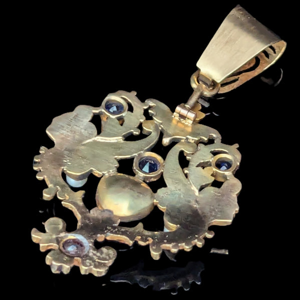 1890s Art Nouveau Rose Cut Foil Back Diamond Old Cut Sapphires Pearls Enamel Gold Pendant