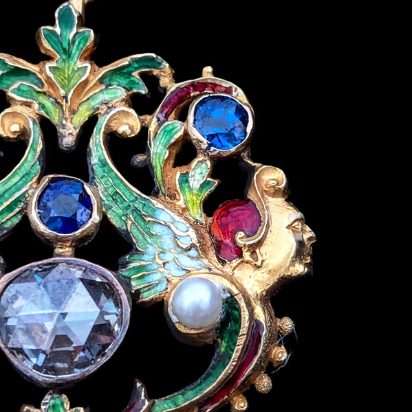 1890s Art Nouveau Rose Cut Foil Back Diamond Old Cut Sapphires Pearls Enamel Gold Pendant