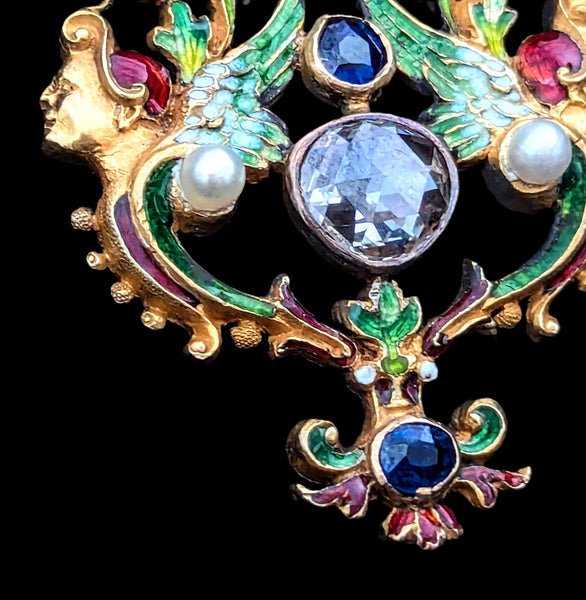 1890s Art Nouveau Rose Cut Foil Back Diamond Old Cut Sapphires Pearls Enamel Gold Pendant