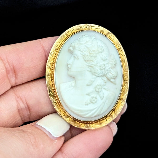 c. 1913 Carved Cameo 10k Yellow Gold Pendant Brooch FOB Retractable Bale Antique