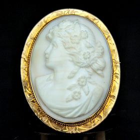 c. 1913 Carved Cameo 10k Yellow Gold Pendant Brooch FOB Retractable Bale Antique