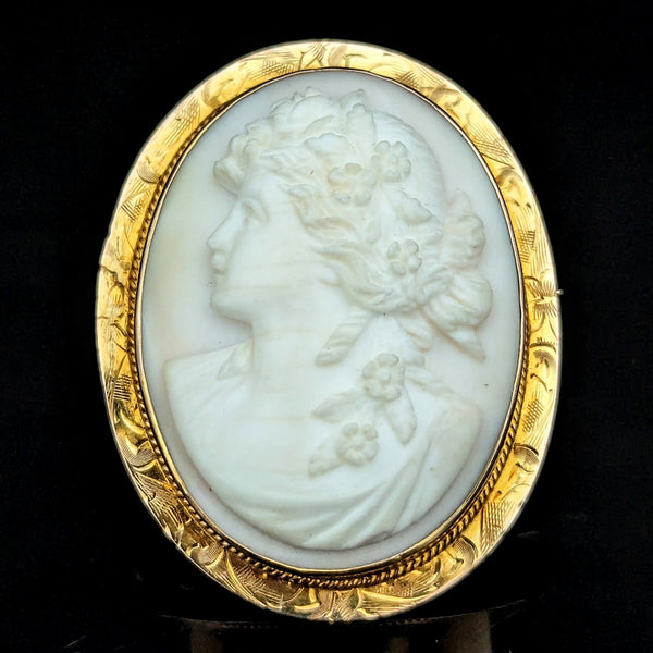 c. 1913 Carved Cameo 10k Yellow Gold Pendant Brooch FOB Retractable Bale Antique