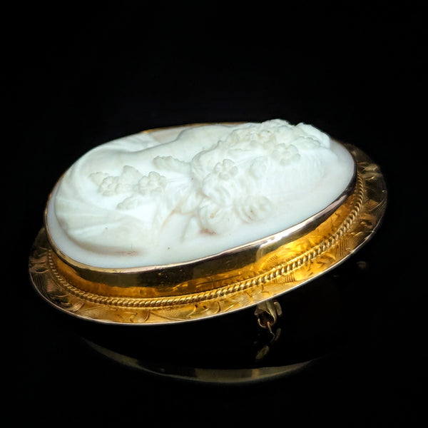 c. 1913 Carved Cameo 10k Yellow Gold Pendant Brooch FOB Retractable Bale Antique