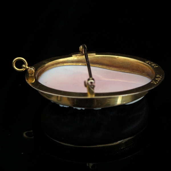 c. 1913 Carved Cameo 10k Yellow Gold Pendant Brooch FOB Retractable Bale Antique