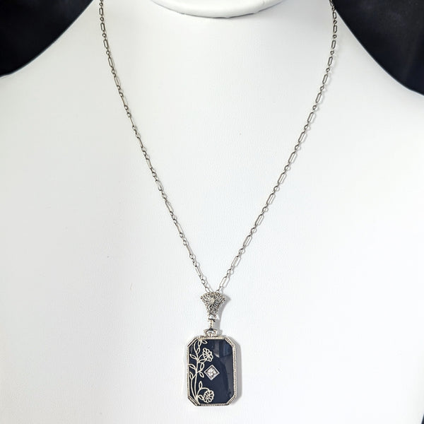 1930s Art Deco Diamond Onyx White Gold Floral Necklace Pendant Chain Antique