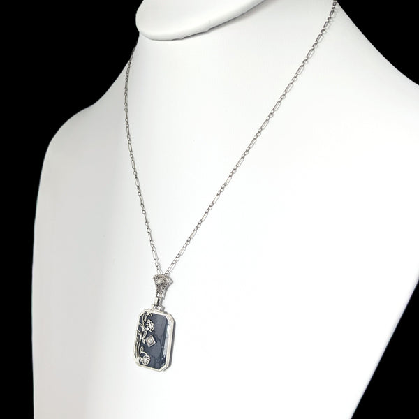 1930s Art Deco Diamond Onyx White Gold Floral Necklace Pendant Chain Antique