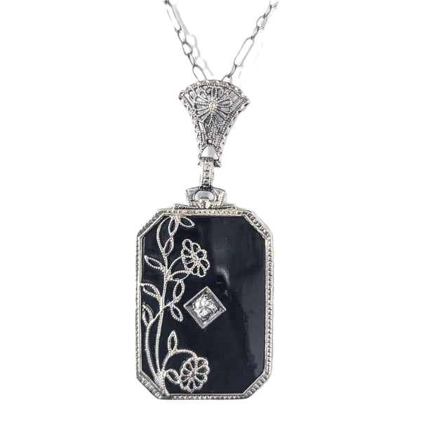 1930s Art Deco Diamond Onyx White Gold Floral Necklace Pendant Chain Antique