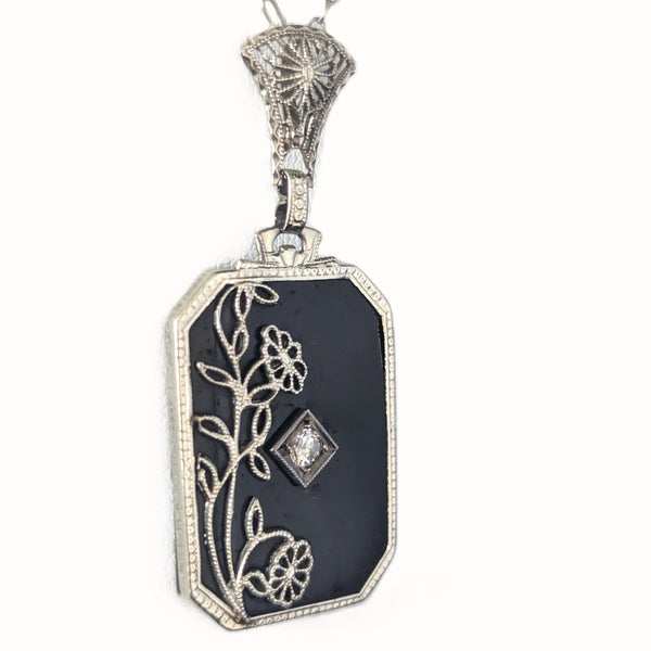 1930s Art Deco Diamond Onyx White Gold Floral Necklace Pendant Chain Antique