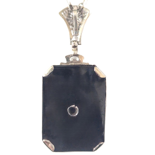1930s Art Deco Diamond Onyx White Gold Floral Necklace Pendant Chain Antique