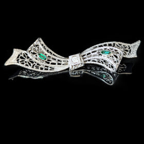 1920s Art Deco Diamond 14k White Gold Bow Brooch Pin Filigree Antique Vintage