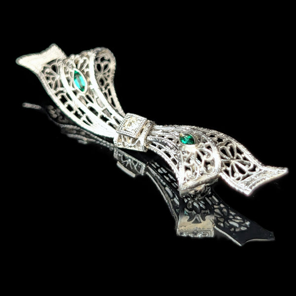 1920s Art Deco Diamond 14k White Gold Bow Brooch Pin Filigree Antique Vintage