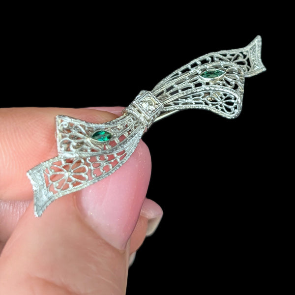 1920s Art Deco Diamond 14k White Gold Bow Brooch Pin Filigree Antique Vintage