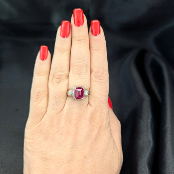 1920s Art Deco Era Diamonds Sugarloaf Lab Ruby 14k White Gold Ring Vintage Gift 
