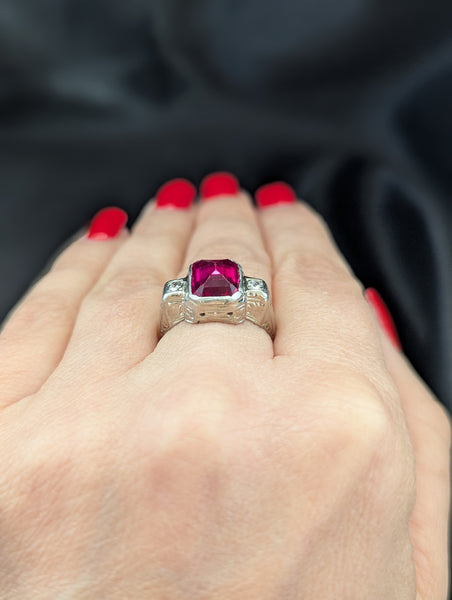 1920s Art Deco Era Diamonds Sugarloaf Lab Ruby 14k White Gold Ring Vintage Gift 